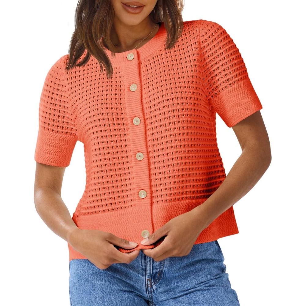 image:imageSaodimallsu Womens Crochet Short Sleeve Cardigans Button Up Crew Neck Summer Beach Knit Sweater TopsOrange