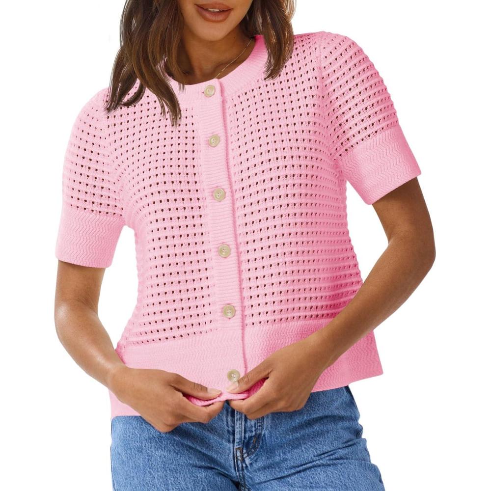 image:imageSaodimallsu Womens Crochet Short Sleeve Cardigans Button Up Crew Neck Summer Beach Knit Sweater TopsPink