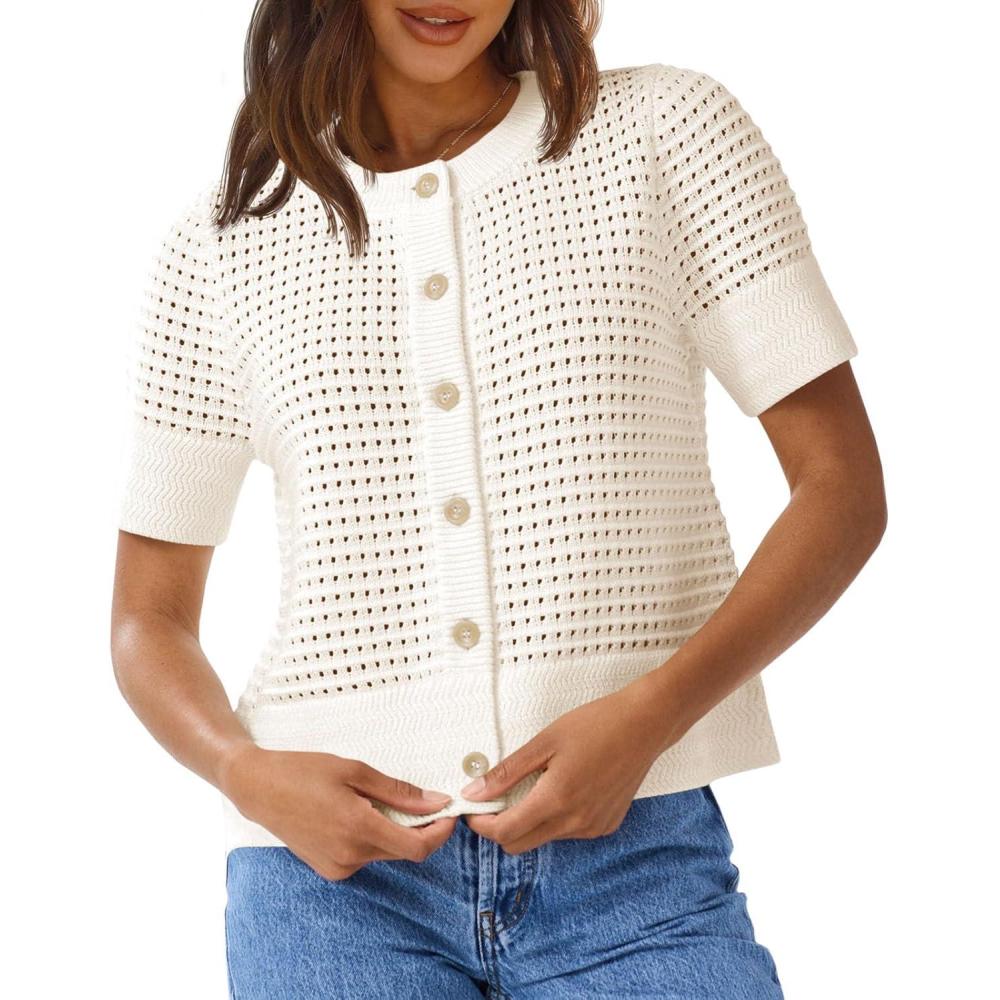 image:imageSaodimallsu Womens Crochet Short Sleeve Cardigans Button Up Crew Neck Summer Beach Knit Sweater TopsWhite