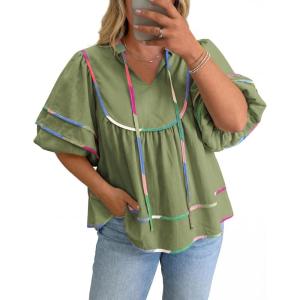 Beautife Womens Plus Size Summer Babydoll Tops Peplum V Neck Lantern Short Sleeve Shirts Cute Flowy Loose Fit Blouses(Army Green)