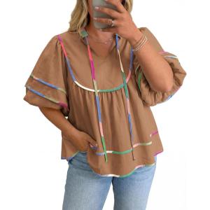 Beautife Womens Plus Size Summer Babydoll Tops Peplum V Neck Lantern Short Sleeve Shirts Cute Flowy Loose Fit Blouses(Brown)
