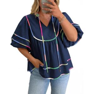 Beautife Womens Plus Size Summer Babydoll Tops Peplum V Neck Lantern Short Sleeve Shirts Cute Flowy Loose Fit Blouses(Dark Blue)