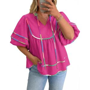 Beautife Womens Plus Size Summer Babydoll Tops Peplum V Neck Lantern Short Sleeve Shirts Cute Flowy Loose Fit Blouses(Pink)
