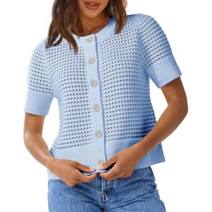 Saodimallsu Womens Crochet Short Sleeve Cardigans Button Up Crew Neck Summer Beach Knit Sweater Tops(Azure)