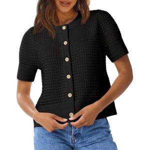 Saodimallsu Womens Crochet Short Sleeve Cardigans Button Up Crew Neck Summer Beach Knit Sweater Tops(Black)
