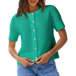 Saodimallsu Womens Crochet Short Sleeve Cardigans Button Up Crew Neck Summer Beach Knit Sweater Tops(Green)