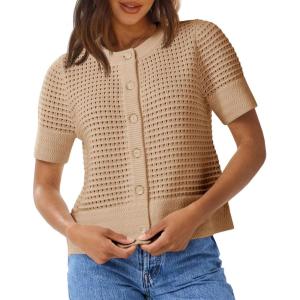 Saodimallsu Womens Crochet Short Sleeve Cardigans Button Up Crew Neck Summer Beach Knit Sweater Tops(Khaki)