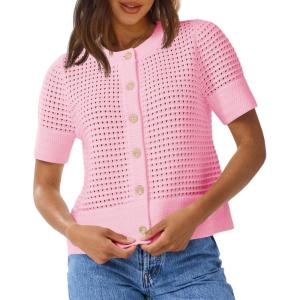 Saodimallsu Womens Crochet Short Sleeve Cardigans Button Up Crew Neck Summer Beach Knit Sweater Tops(Pink)