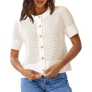 Saodimallsu Womens Crochet Short Sleeve Cardigans Button Up Crew Neck Summer Beach Knit Sweater Tops(White)
