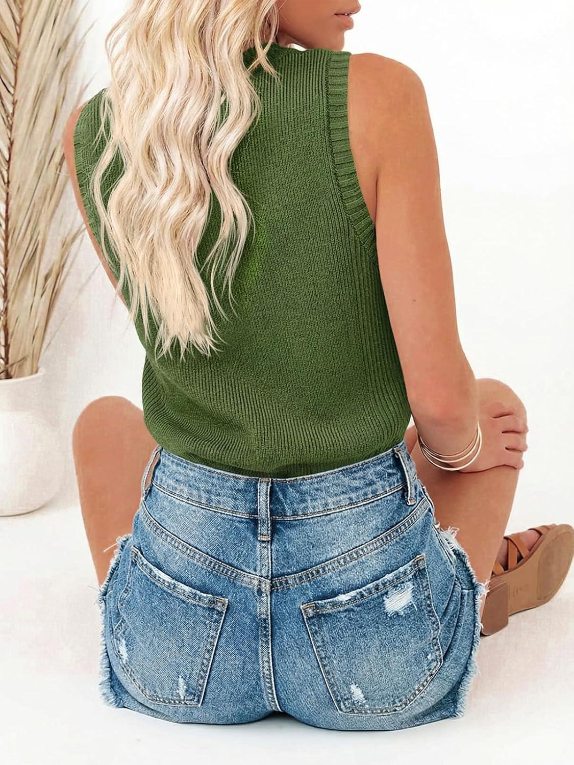 image:imageSaodimallsu Womens Ribbed Tank Tops High Neck 2026 Summer Sleeveless Mock Neck Casual Slimming Knit Sweater VestsArmy Green