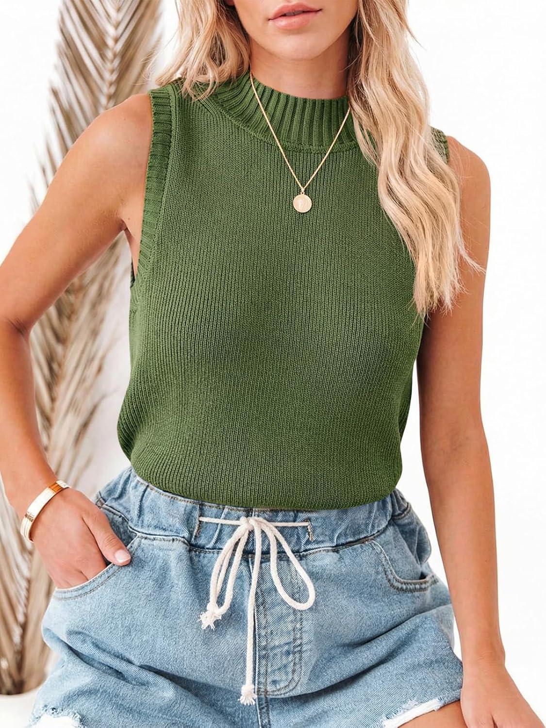 image:imageSaodimallsu Womens Ribbed Tank Tops High Neck 2026 Summer Sleeveless Mock Neck Casual Slimming Knit Sweater VestsArmy Green
