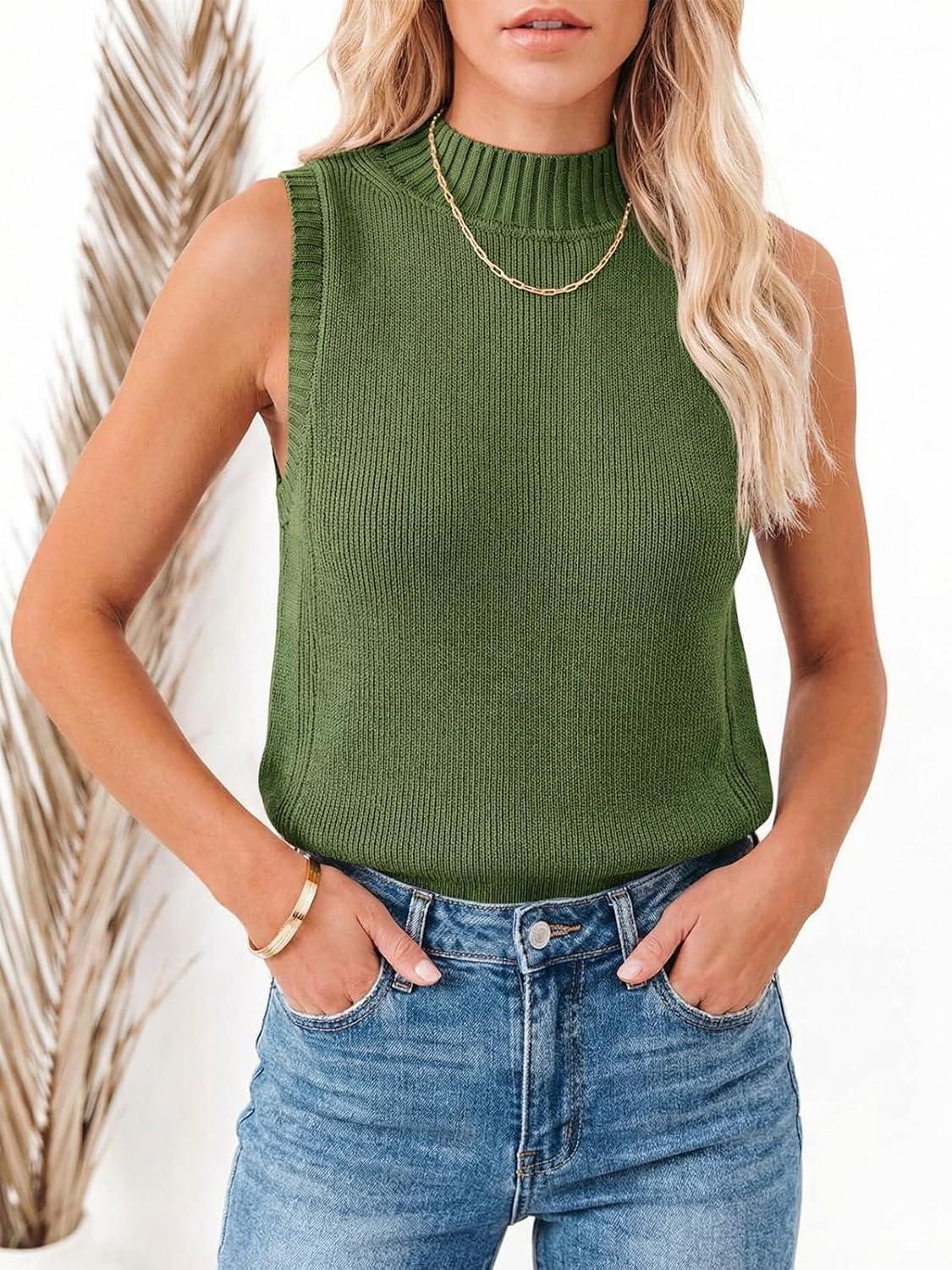 image:imageSaodimallsu Womens Ribbed Tank Tops High Neck 2026 Summer Sleeveless Mock Neck Casual Slimming Knit Sweater VestsArmy Green
