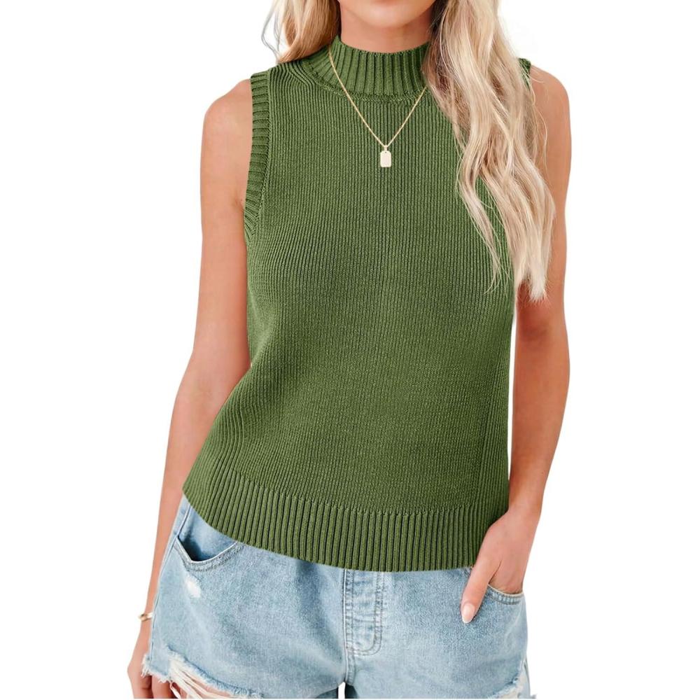 image:imageSaodimallsu Womens Ribbed Tank Tops High Neck 2026 Summer Sleeveless Mock Neck Casual Slimming Knit Sweater VestsArmy Green