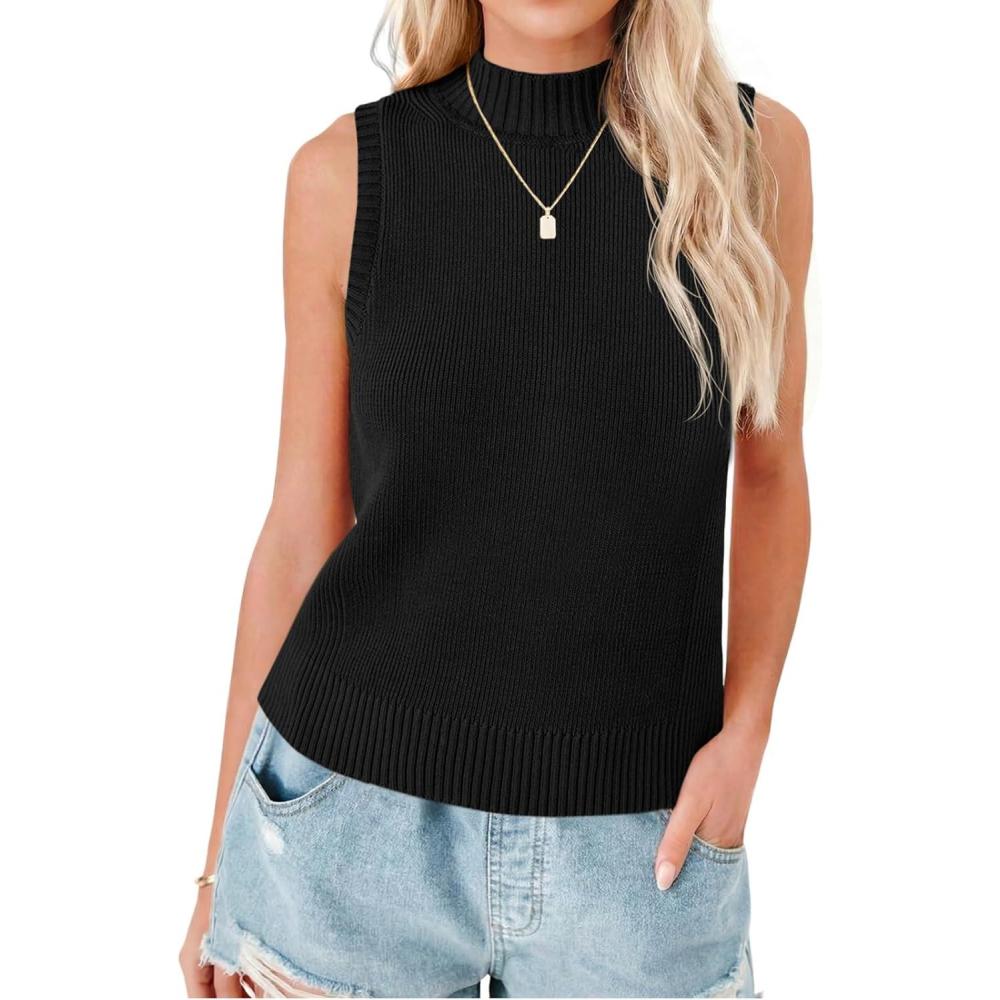 image:imageSaodimallsu Womens Ribbed Tank Tops High Neck 2026 Summer Sleeveless Mock Neck Casual Slimming Knit Sweater VestsBlack