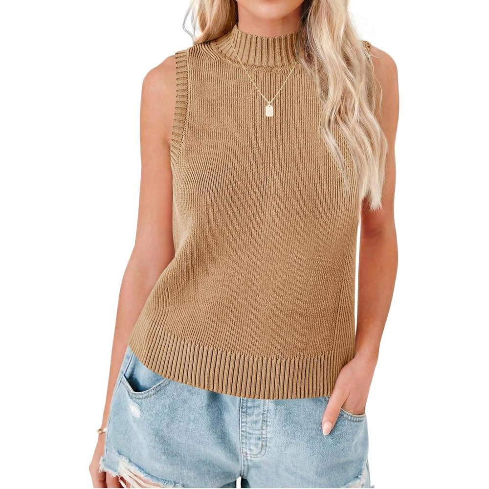 image:imageSaodimallsu Womens Ribbed Tank Tops High Neck 2026 Summer Sleeveless Mock Neck Casual Slimming Knit Sweater VestsCoffee