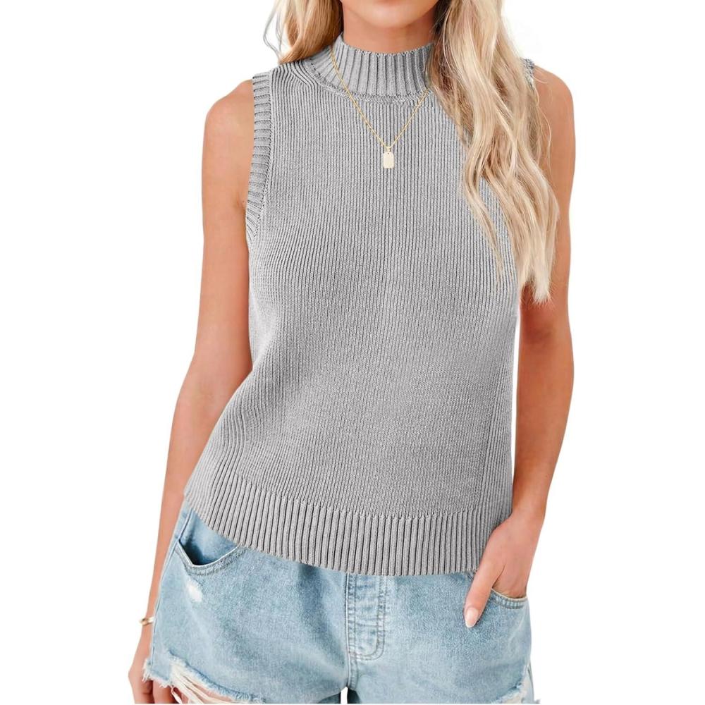 image:imageSaodimallsu Womens Ribbed Tank Tops High Neck 2026 Summer Sleeveless Mock Neck Casual Slimming Knit Sweater VestsGrey