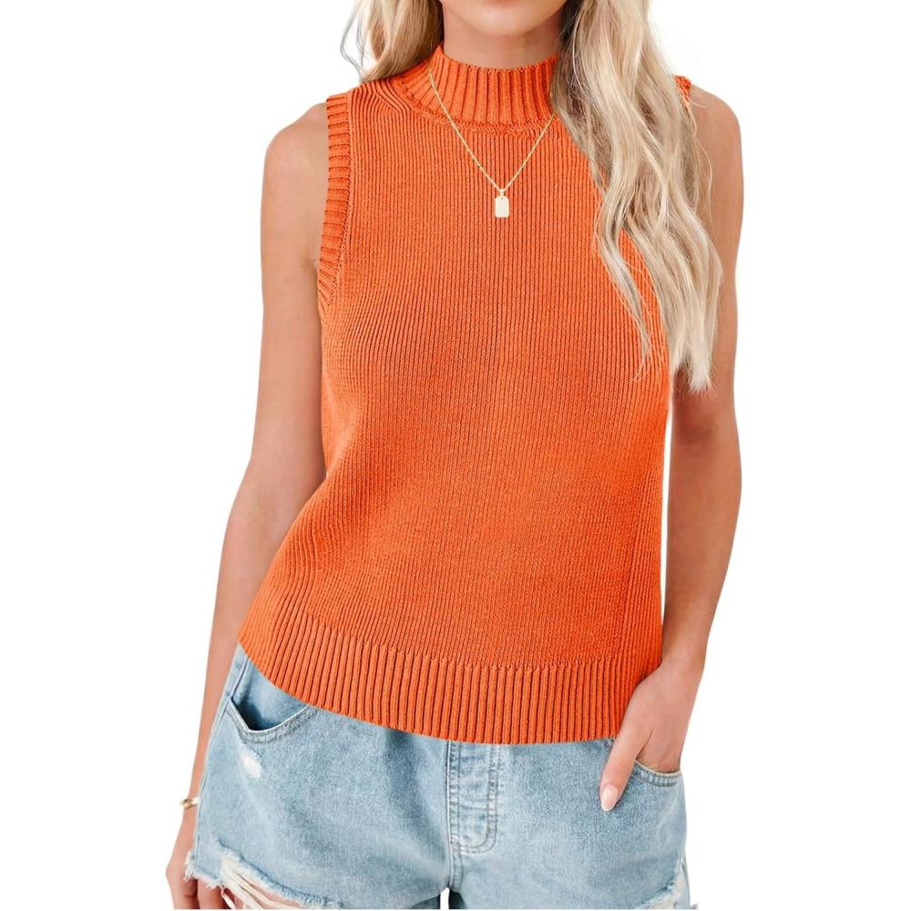 image:imageSaodimallsu Womens Ribbed Tank Tops High Neck 2026 Summer Sleeveless Mock Neck Casual Slimming Knit Sweater VestsOrange