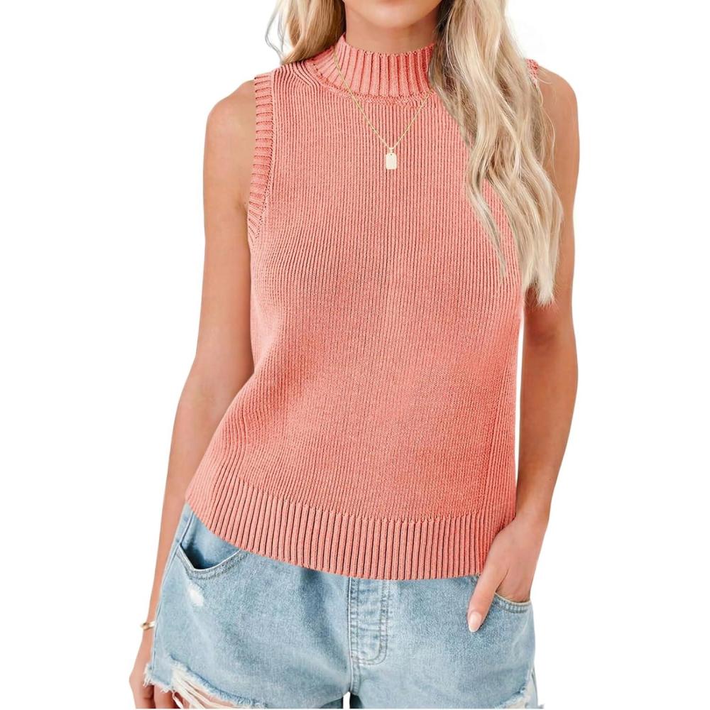 image:imageSaodimallsu Womens Ribbed Tank Tops High Neck 2026 Summer Sleeveless Mock Neck Casual Slimming Knit Sweater VestsPinkorange