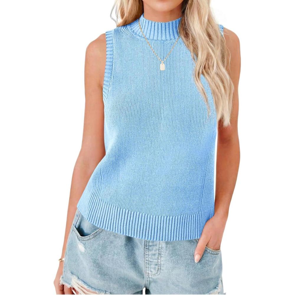 image:imageSaodimallsu Womens Ribbed Tank Tops High Neck 2026 Summer Sleeveless Mock Neck Casual Slimming Knit Sweater VestsSky Blue