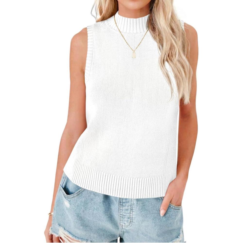 image:imageSaodimallsu Womens Ribbed Tank Tops High Neck 2026 Summer Sleeveless Mock Neck Casual Slimming Knit Sweater VestsWhite
