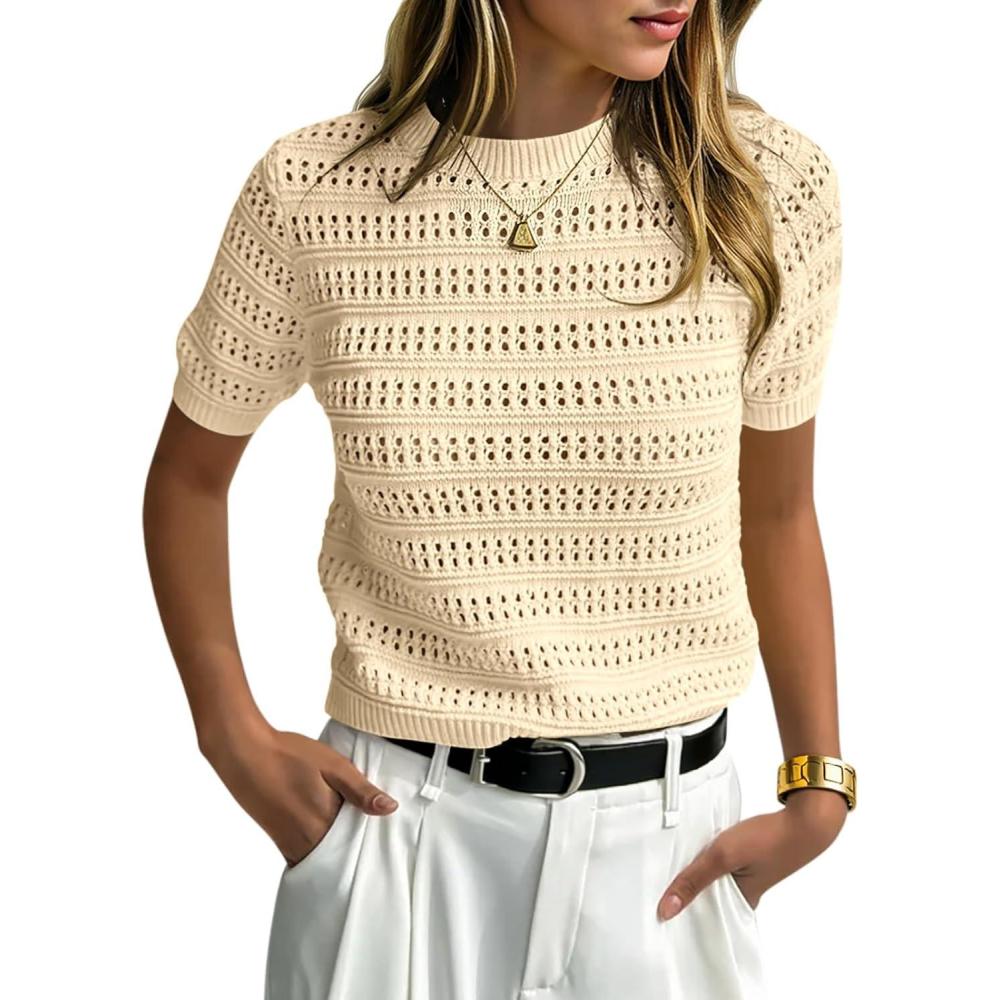 image:imageSaodimallsu Womens Short Sleeve Crochet Sweaters Crew Neck Loose Casual Knit Summer Boho Pullover Top TshirtsApricot