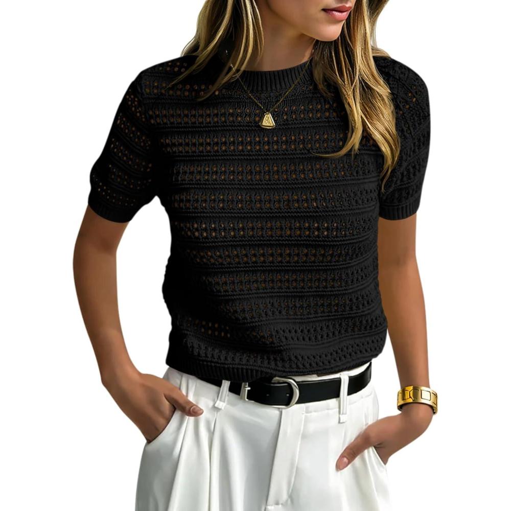 image:imageSaodimallsu Womens Short Sleeve Crochet Sweaters Crew Neck Loose Casual Knit Summer Boho Pullover Top TshirtsBlack