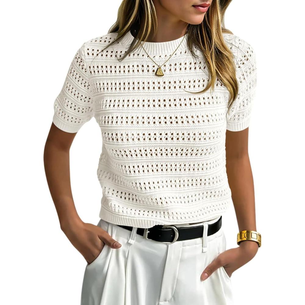 image:imageSaodimallsu Womens Short Sleeve Crochet Sweaters Crew Neck Loose Casual Knit Summer Boho Pullover Top TshirtsWhite