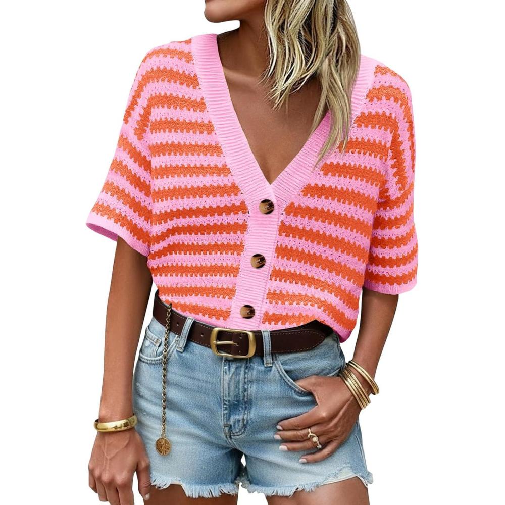 image:imageSaodimallsu Womens Short Sleeve Striped Cardigan Sweaters Crochet Knit Button Down Shirts V Neck Spring Summer TopsOrange