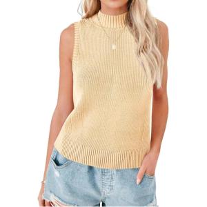 Saodimallsu Womens Ribbed Tank Tops High Neck 2026 Summer Sleeveless Mock Neck Casual Slimming Knit Sweater Vests(Beige)