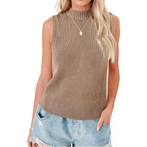 Saodimallsu Womens Ribbed Tank Tops High Neck 2026 Summer Sleeveless Mock Neck Casual Slimming Knit Sweater Vests(Khaki)