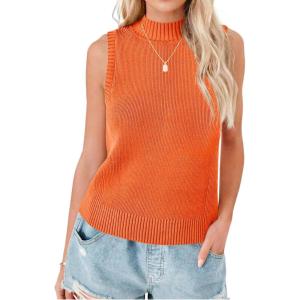 Saodimallsu Womens Ribbed Tank Tops High Neck 2026 Summer Sleeveless Mock Neck Casual Slimming Knit Sweater Vests(Orange)