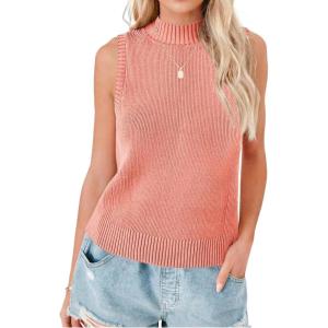 Saodimallsu Womens Ribbed Tank Tops High Neck 2026 Summer Sleeveless Mock Neck Casual Slimming Knit Sweater Vests(Pink-orange)