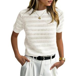 Saodimallsu Womens Short Sleeve Crochet Sweaters Crew Neck Loose Casual Knit Summer Boho Pullover Top Tshirts(White)