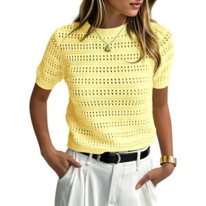 Saodimallsu Womens Short Sleeve Crochet Sweaters Crew Neck Loose Casual Knit Summer Boho Pullover Top Tshirts(Yellow)