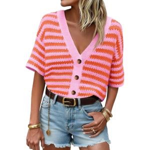 Saodimallsu Womens Short Sleeve Striped Cardigan Sweaters Crochet Knit Button Down Shirts V Neck Spring Summer Tops(Orange)