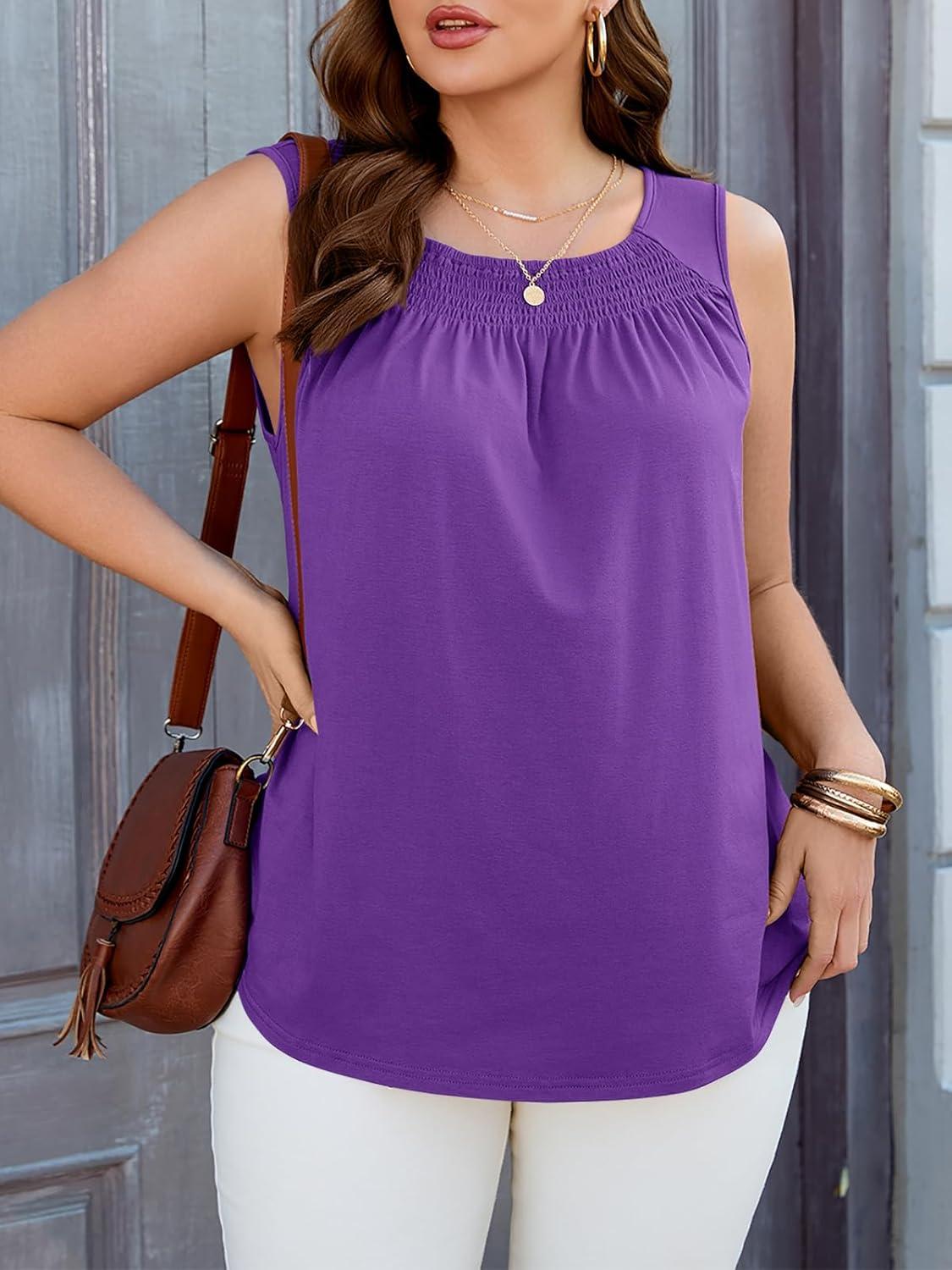 image:imageBeautife Women Plus Size Sleeveless Tank Tops Loose Fit Smocked Crew Neck Summer Casual Curved Hem Tunic TeesPurple