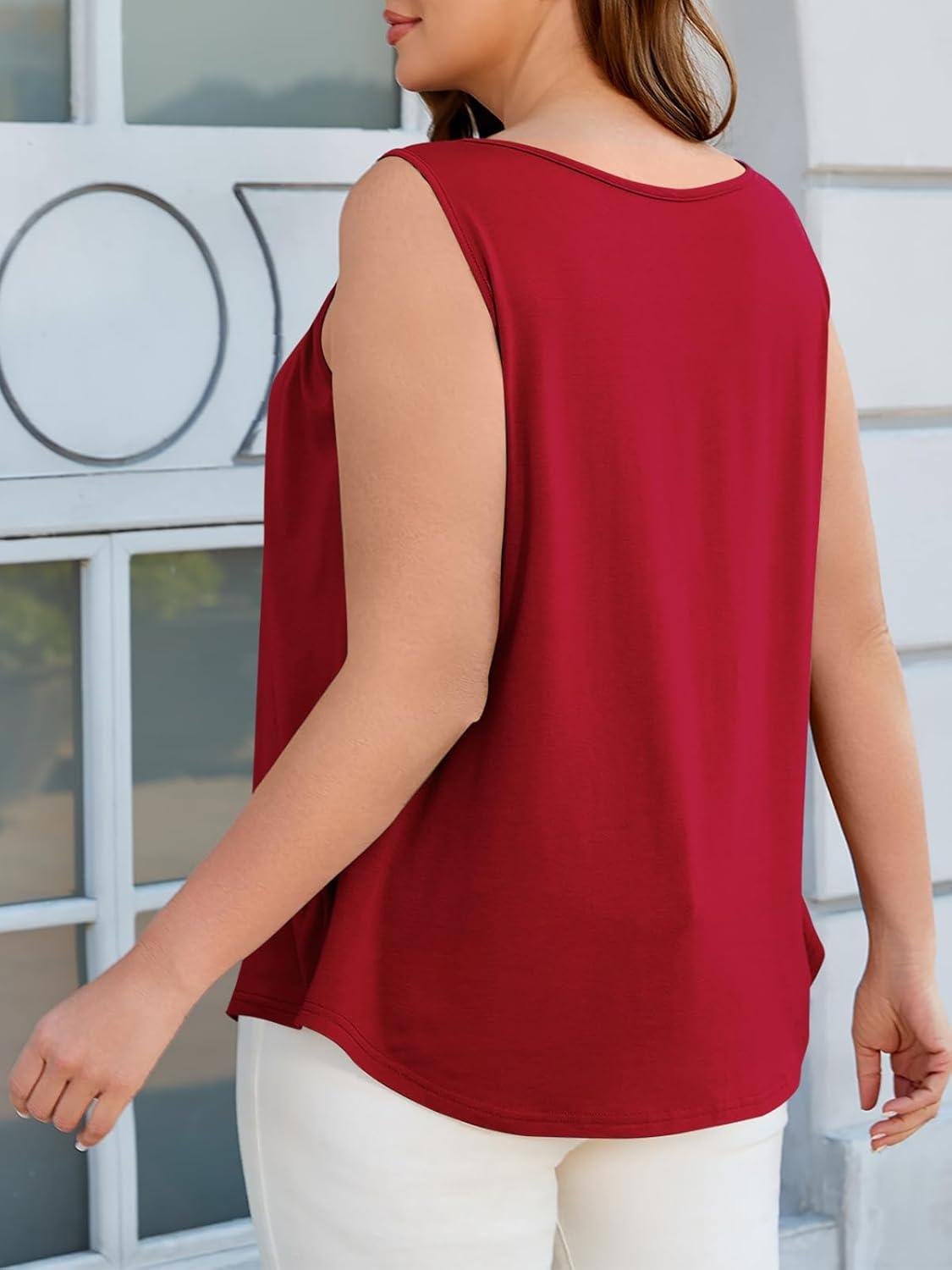 image:imageBeautife Women Plus Size Sleeveless Tank Tops Loose Fit Smocked Crew Neck Summer Casual Curved Hem Tunic TeesRed