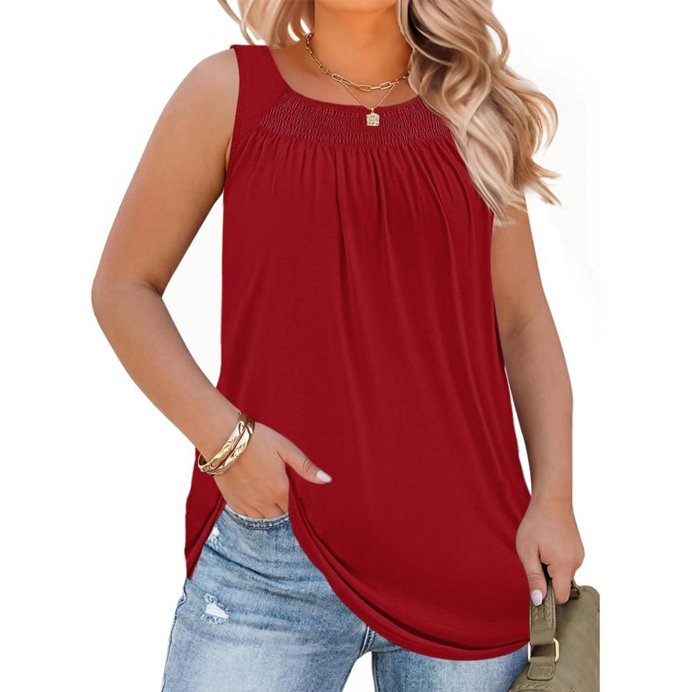 image:imageBeautife Women Plus Size Sleeveless Tank Tops Loose Fit Smocked Crew Neck Summer Casual Curved Hem Tunic TeesRed