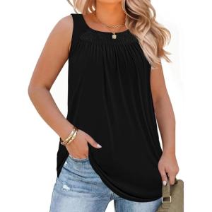Beautife Women Plus Size Sleeveless Tank Tops Loose Fit Smocked Crew Neck Summer Casual Curved Hem Tunic Tees(Black)