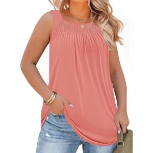 Beautife Women Plus Size Sleeveless Tank Tops Loose Fit Smocked Crew Neck Summer Casual Curved Hem Tunic Tees(Orange)