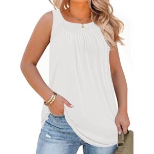 Beautife Women Plus Size Sleeveless Tank Tops Loose Fit Smocked Crew Neck Summer Casual Curved Hem Tunic Tees(White)