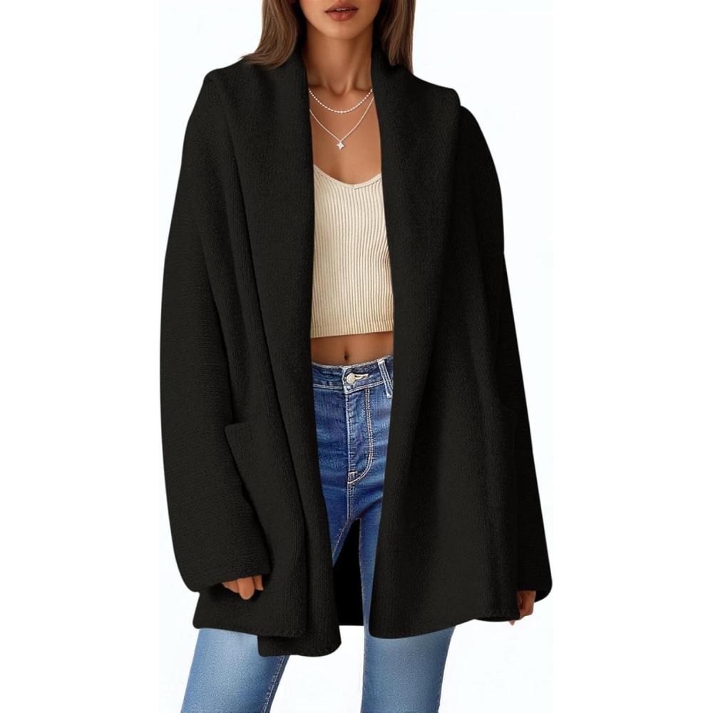 image:imageSaodimallsu Womens Open Front Knit Cardigans Oversized 2025 Fall Lapel Hooded Long Sweater Coats with Pockets