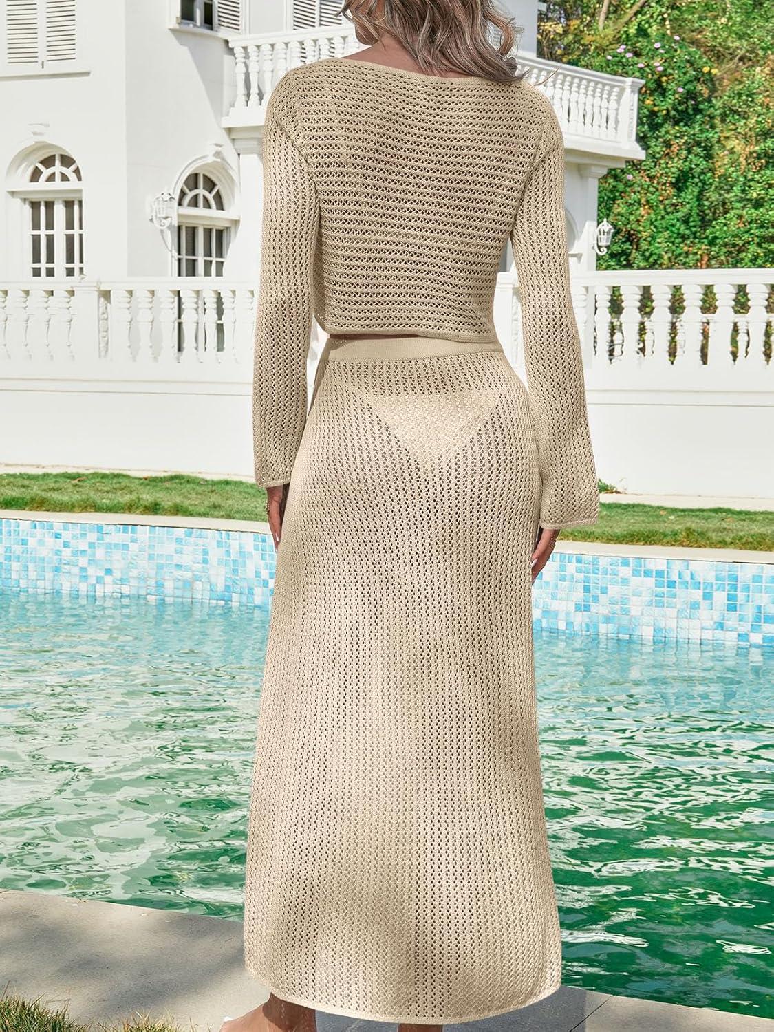 image:imageSaodimallsu Womens Crochet Beach Cover Ups Set 2 Piece 2026 Boat Neck Crop Long Sleeve Tops High Slit Maxi Skirt SetsBeige