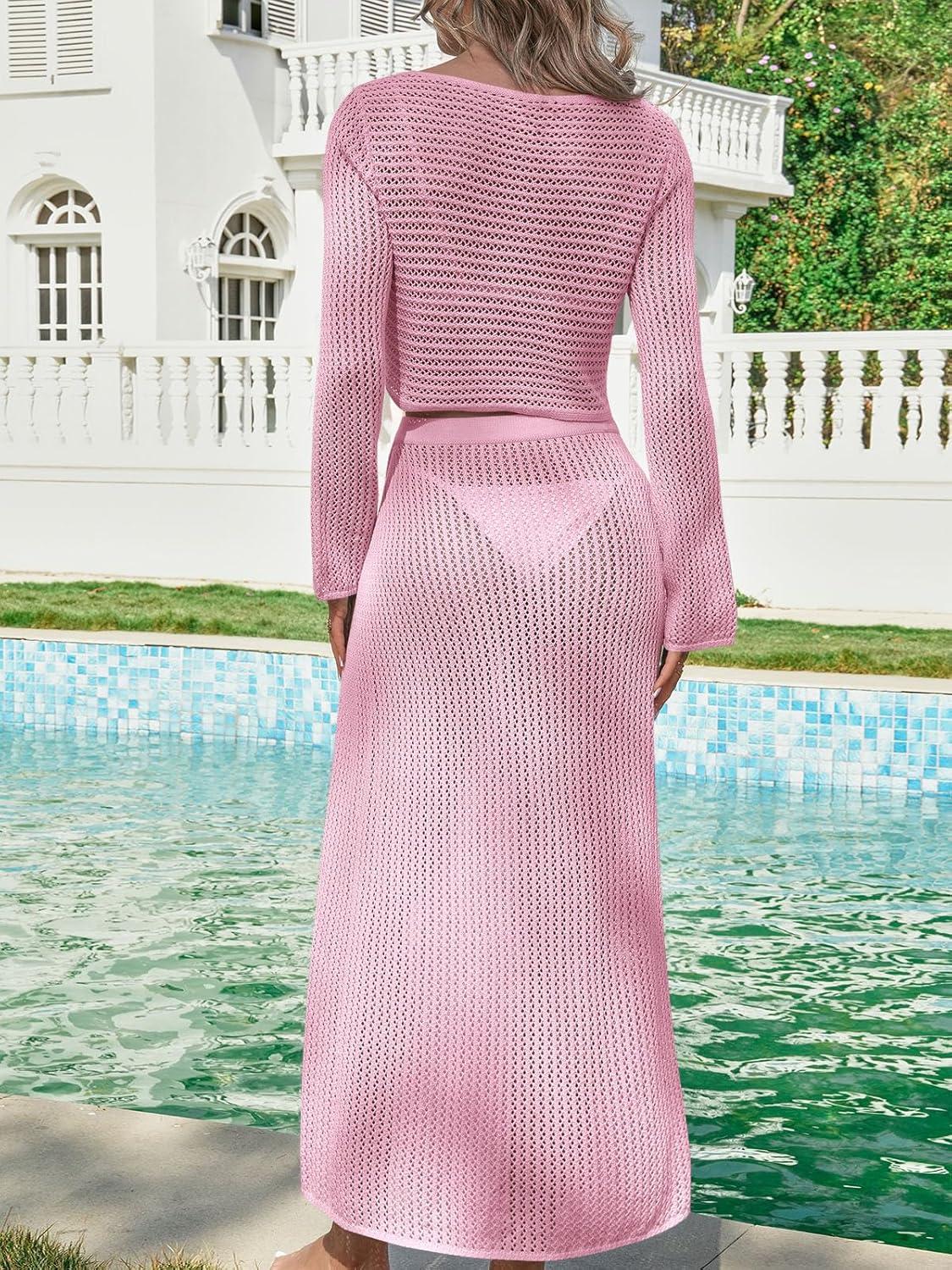 image:imageSaodimallsu Womens Crochet Beach Cover Ups Set 2 Piece 2026 Boat Neck Crop Long Sleeve Tops High Slit Maxi Skirt SetsPink