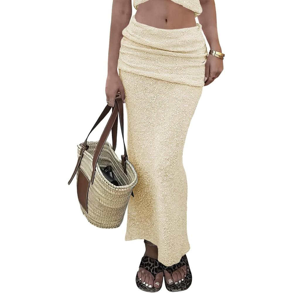 image:imageSaodimallsu Womens Beach Cover Up Maxi Skirt Sheer Fuzzy Knit Fold Over Mid Rise 2026 Summer Swimsuit CoverupBeige