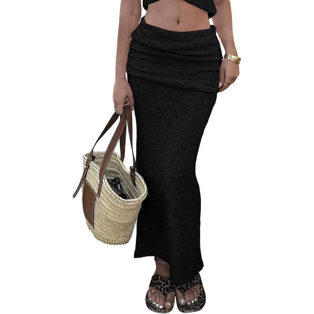 image:imageSaodimallsu Womens Beach Cover Up Maxi Skirt Sheer Fuzzy Knit Fold Over Mid Rise 2026 Summer Swimsuit CoverupBlack