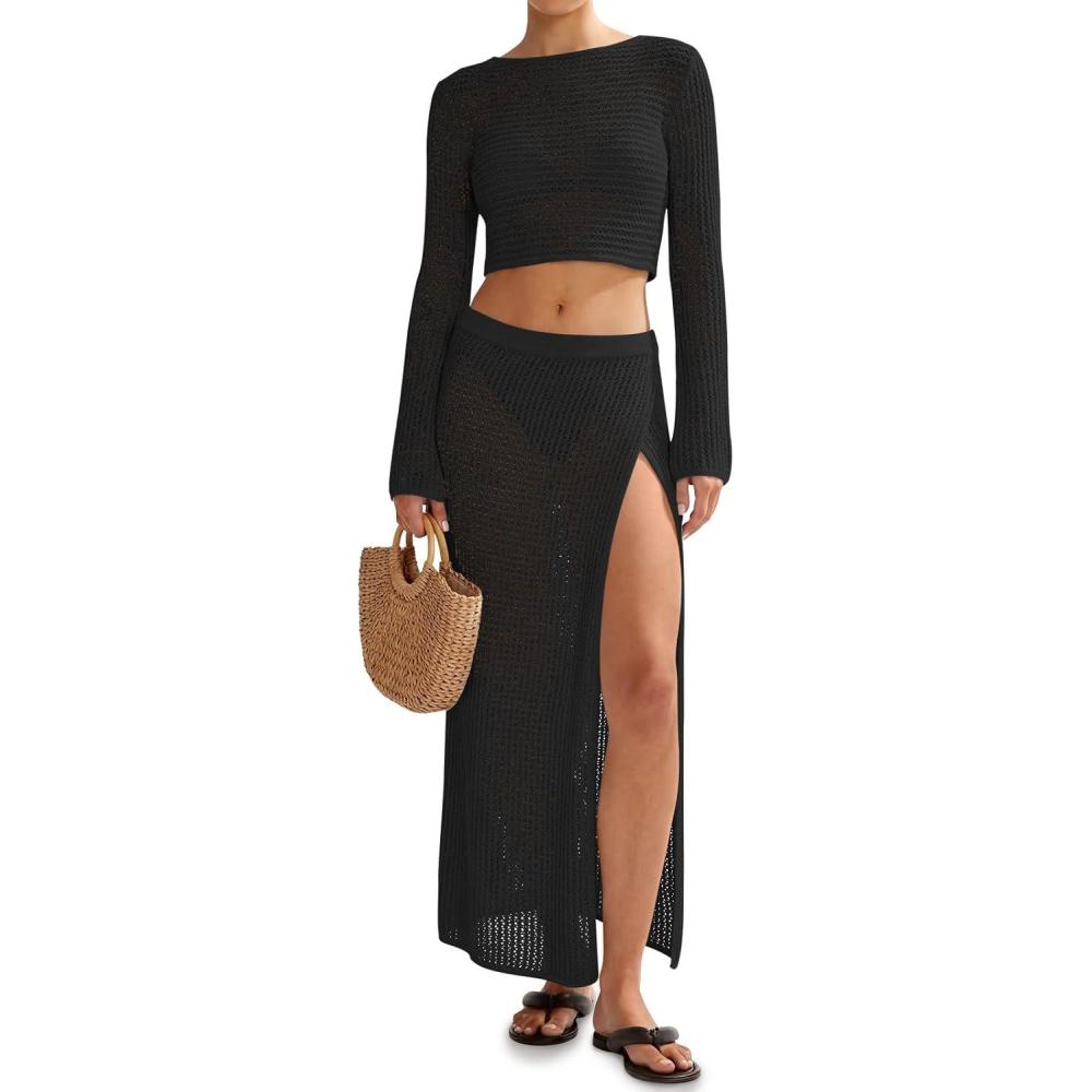 image:imageSaodimallsu Womens Crochet Beach Cover Ups Set 2 Piece 2026 Boat Neck Crop Long Sleeve Tops High Slit Maxi Skirt SetsBlack