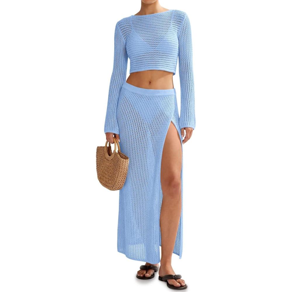 image:imageSaodimallsu Womens Crochet Beach Cover Ups Set 2 Piece 2026 Boat Neck Crop Long Sleeve Tops High Slit Maxi Skirt SetsSky Blue