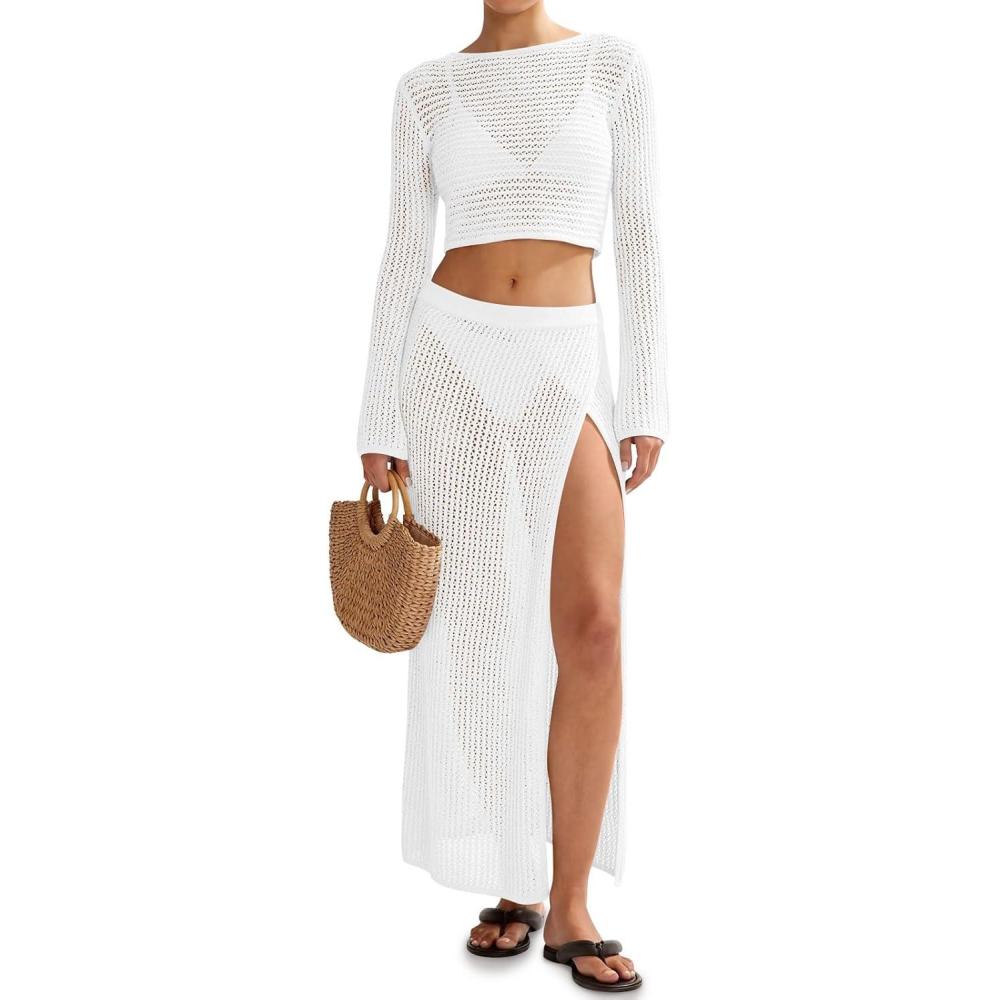 image:imageSaodimallsu Womens Crochet Beach Cover Ups Set 2 Piece 2026 Boat Neck Crop Long Sleeve Tops High Slit Maxi Skirt SetsWhite