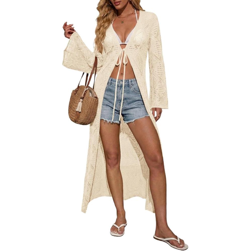 image:imageSaodimallsu Womens Crochet Beach Cover up Tie Front Bell Sleeve Lightweight Knit Long Cardigans Summer Vacation OutfitsApricot